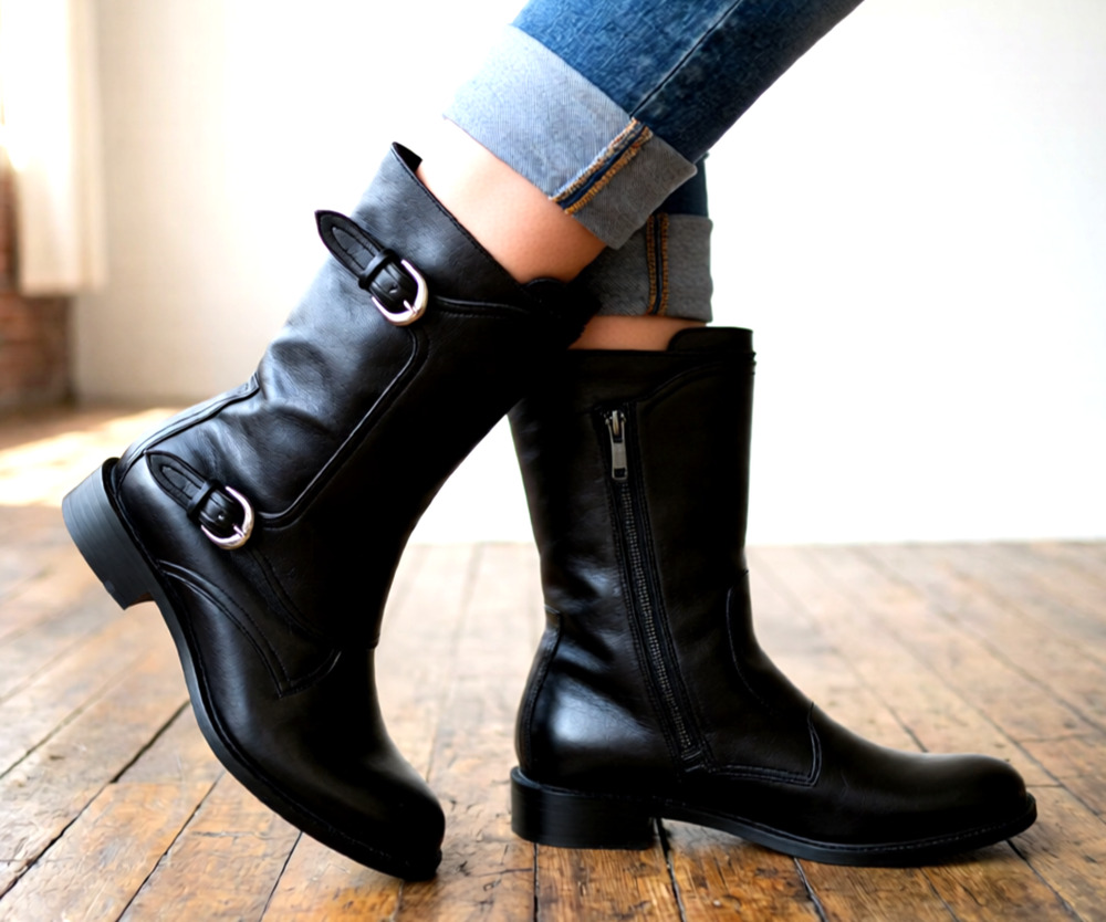 Vintage Johnston & Murphy black leather moto boots Model #78-51101 size 9